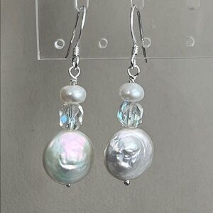 Elegant sterling silver freshwater pearl pendant earrings. Bride